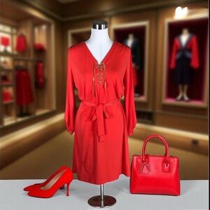 Michael Kors Red Lace-Up Long Sleeve Dress (Size M) - Brand New🌹✨